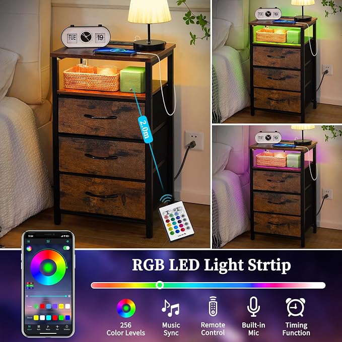 Yoobure Night Stand with Charging Station, LED White Nightstand for Dorm - Image 4