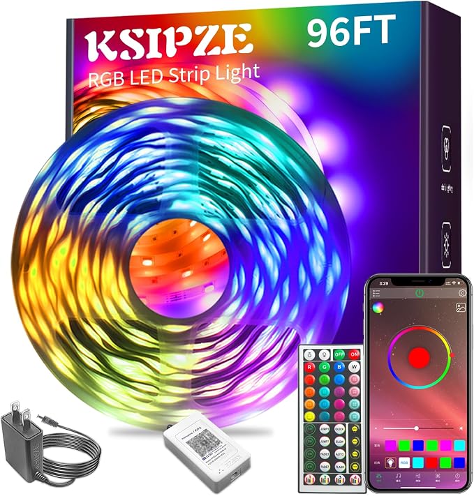 KSIPZE 96ft Led Strip Lights RGB Music Sync Color Changing Bluetooth Led Lights with Smart App Control Remote Led Lights for Bedroom Room Lighting Flexible Home Décor by KSIPZE