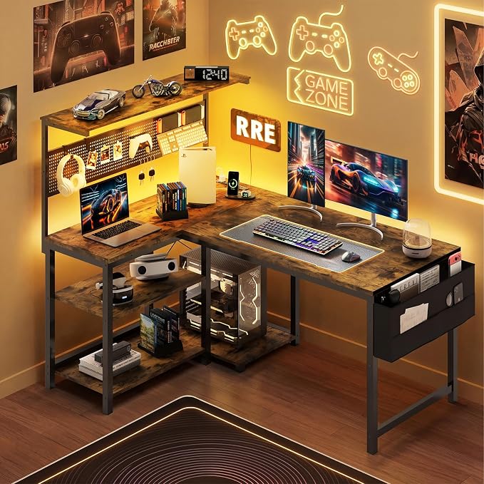 47in L Shaped Gaming Desk with Pegboard & Shelf & Storage Bag, Rustic Brown | LED Light, Power Outlet, Reversible Gaming Table, Escritorio Gamer, Corner Computer Desk for Small Space Storage, Home Office - Image 2
