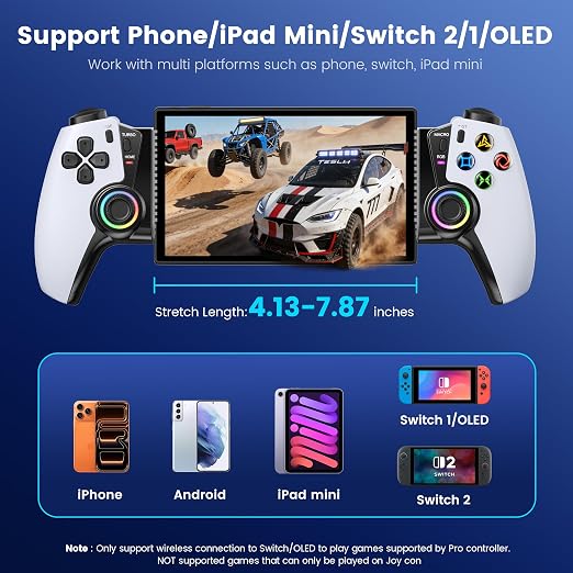 KICKDOT Mobile Gaming Controller for iPhone Android, Hall Effect Joysticks Bluetooth Telescopic Gamepad with RGB Lighting, Programmable Back Buttons for PS Remote Play Xbox Cloud Gaming Steam Deck iPad Mini - Image 2