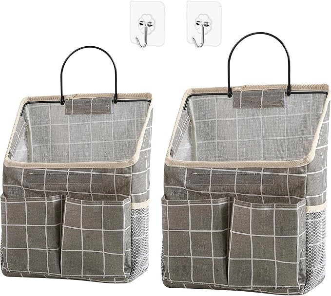 2pcs Wall Hanging Storage Bag,Wall Hanging Organizer Bags with Pockets, Wall Organizer Storage for Dormitory Bathroom Bedroom Kitchen(Grey Grid) by Someteth