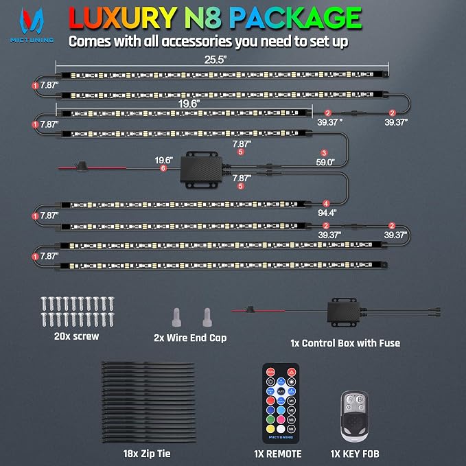 MICTUNING N8 RGB+IC Underglow LED Lighting Kit for Truck with Remote & Key Fob Dual Control, Exterior Neon Accent Underbody Strip, Multicolor Mode, Waterproof, Aluminum Casing - Image 8