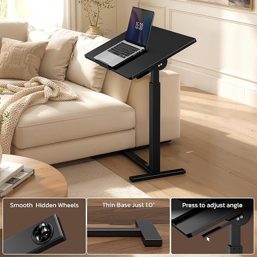 Mobile Standing Desk Adjustable Overbed Table, Pneumatic Height Adjustable Rolling Laptop Desk with Hidden Wheels, 0-180°Tilt Top Rolling Computer Cart Foldable for Home Office, Craft & Study, Black - Image 7