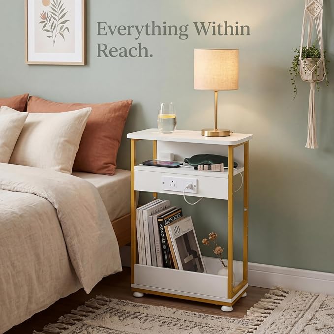 YEAKOO Narrow Side Table with Charging Station, 3-Tier End Table with 2 USB Ports & Power Outlets, Thin Sofa Side Table for Small Spaces, Bedside Table Nightstand for Living Room, White+Gold - Image 3