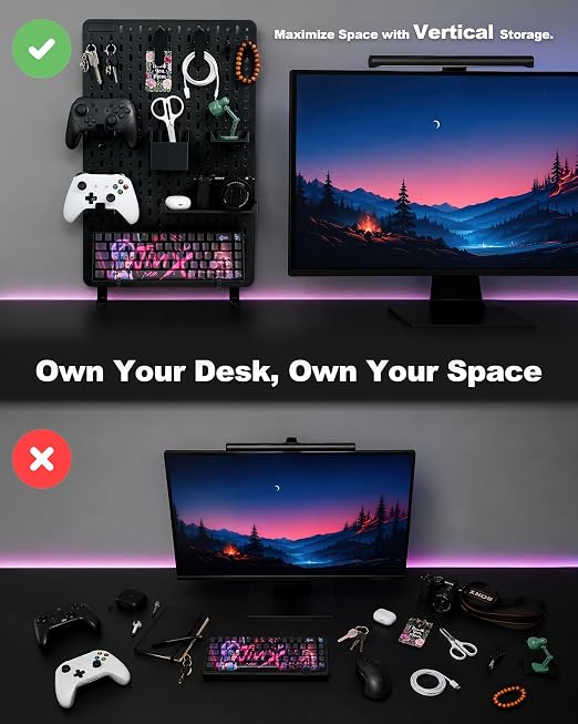 Clamp-On Desk Pegboard Organizer, 14 Accessories, Black | 14 Peg Board Accessories, Controller Holders, Keyboard Stand, Headphones Holder, Cable Storage for gaming setups, home office - Image 2