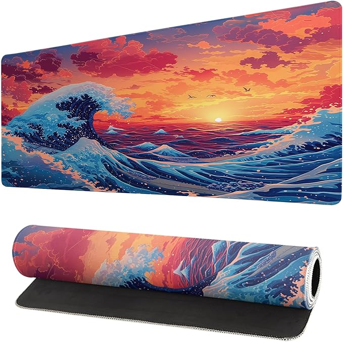 Gaming Mouse Pad Desk Pad,Extended Big Mouse Pad,31.5x11.8 Inch Long Computer Keyboard Mouse Mat Mousepad with 3mm Non-Slip Base and Stitched Edge for Gaming and Office… (Sunset Wave) by Brecoy