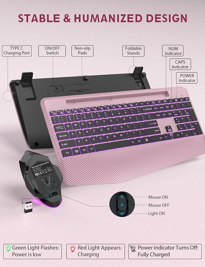 SABLUTE Wireless Keyboard and Mouse Combo, Backlit Scissor Keys, Wrist Rest - Image 8