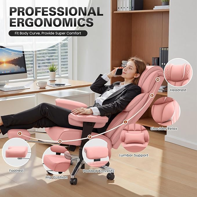 BestGlory Office Desk Chair, Big and Tall Leather Gaming Chair with Footrest, Ergonomic Comfy Executive High-Back Reclining Computer Chairs, Wide Swivel Rolling Wheels and Padded Lumbar Support, Pink - Image 3