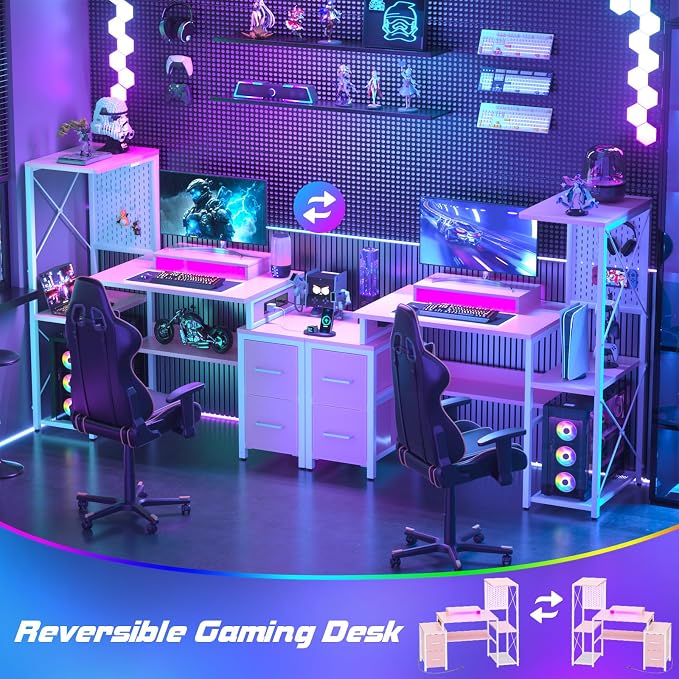 Small Gaming Desk with 2 Fabric Drawers - Reversible Computer Desk with Power Outlet & LED Lights, 49" Office Desk with Monitor Stand & Storage Shelves, Writing Study Table with Pegboard, Pink - Image 3