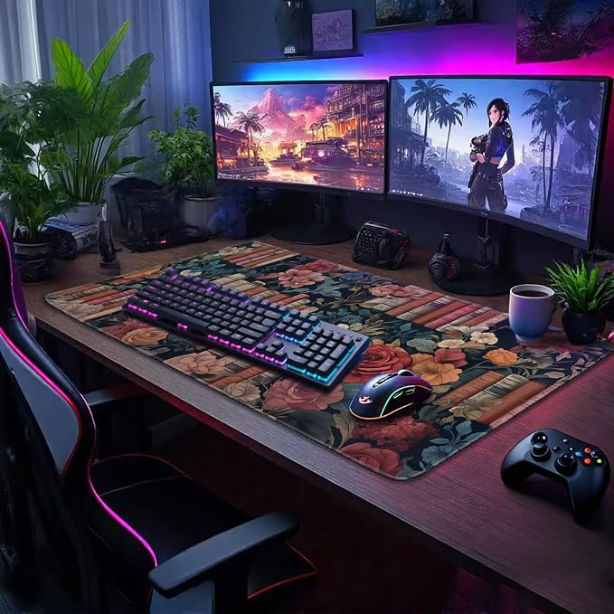 Vintage Library Floral Gaming Mouse Pad Desk Mat 31.5"x15.7" | Extended Mousepad, Non-Slip Rubber Base , Stitched Edges, for Computer/Laptop/Office/Home - Image 2