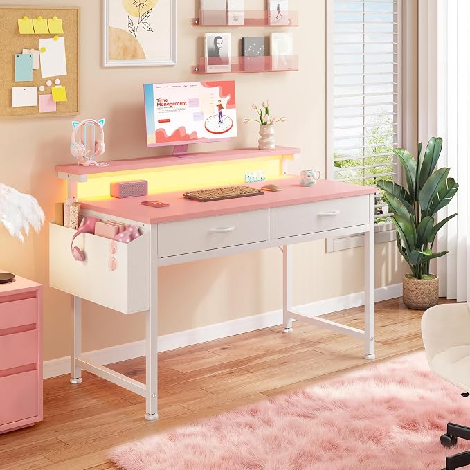 DurayLoly 31Inch Small Computer Desk with LED Lights & 2 Fabric Drawers - Image 8