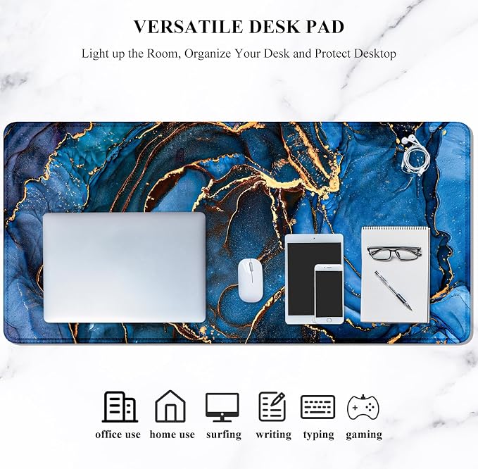 Auhoahsil Large Mouse Pad, XXL Desk Pad, Extened 35" x 15", Non-Slip Rubber Base, Stitched Edges, Superior Surface, Waterproof Keyboard Mat, Large Mousepad for Gamer, Office & Home, Dark Blue Marble - Image 7