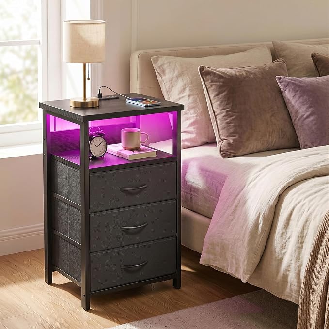 Fixwal Night Stand with 3 Drawers, Black Nightstand with Charging Station - Image 2