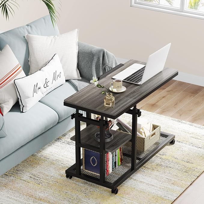 Tribesigns Height Adjustable C Table with Wheels, Mobile Couch Snack Side Table with Tiltable Drawing Board, Sofa Bedside Laptop Stand C Shaped TV Tray with Storage Shelves (Grey) - Image 10