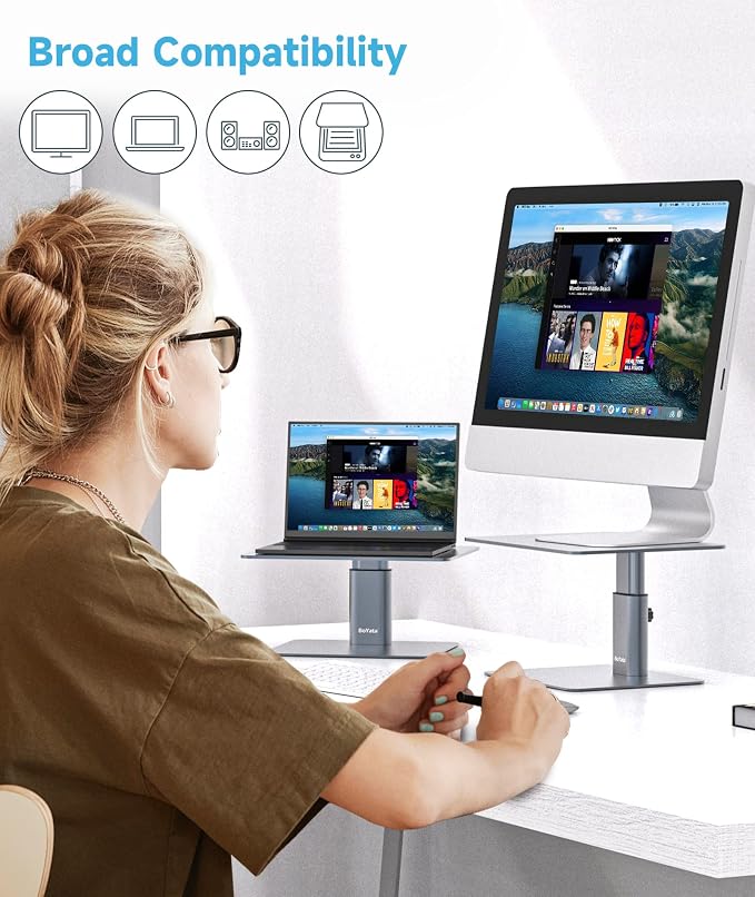BoYata Monitor Stand, Adjustable Height Metal Desktop Riser, Space Gray | Height-Adjustable Metal Riser with Open Storage Space Underneath for Monitors, Laptops, iMacs, PCs and TVs - Image 3