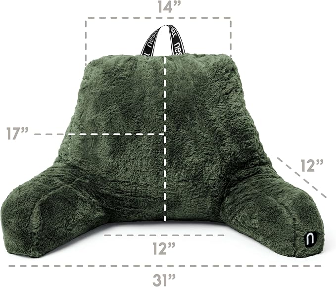 Nestl Fur Reading Pillow, Stylish Back Pillow for Bed Sitting Up, Faux Fur Bed Chair Pillow with Arms, Reading Pillows for Sitting in Bed Adult & Kids, Back Support Pillow for Bed Rest - Olive Green - Image 3