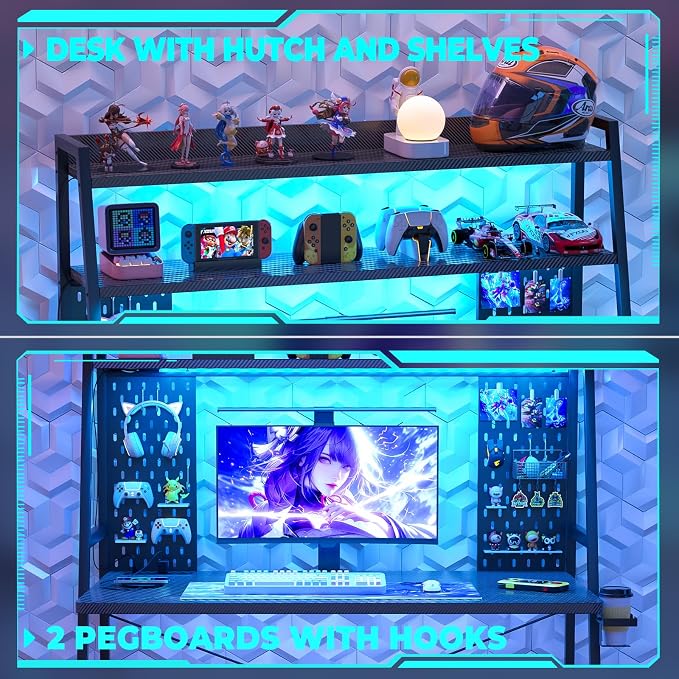 Besiost Small Gaming Desk with Hutch and LED Lights, Gaming Computer Desk with Power Outlets, Gamer Desk with Storage Shelves, Game Desks with Pegboards for Bedroom Small Spaces, Black, 43" - Image 5