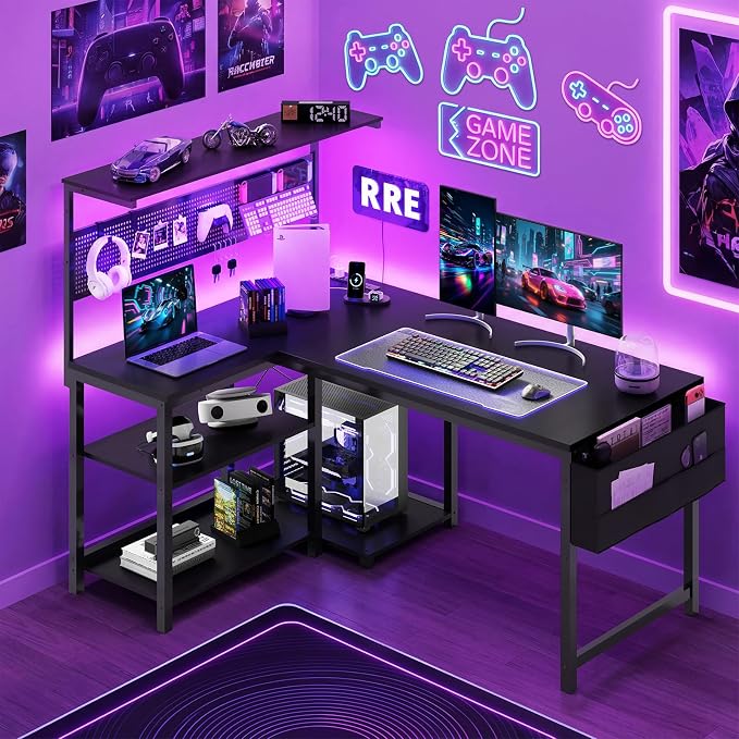 47in L Shaped Gaming Desk with Pegboard & Shelf & Storage Bag, Black | LED Light, Power Outlet, Reversible Gaming Table, Escritorio Gamer, Corner Computer Desk for Small Space Storage, Home Office - Image 2