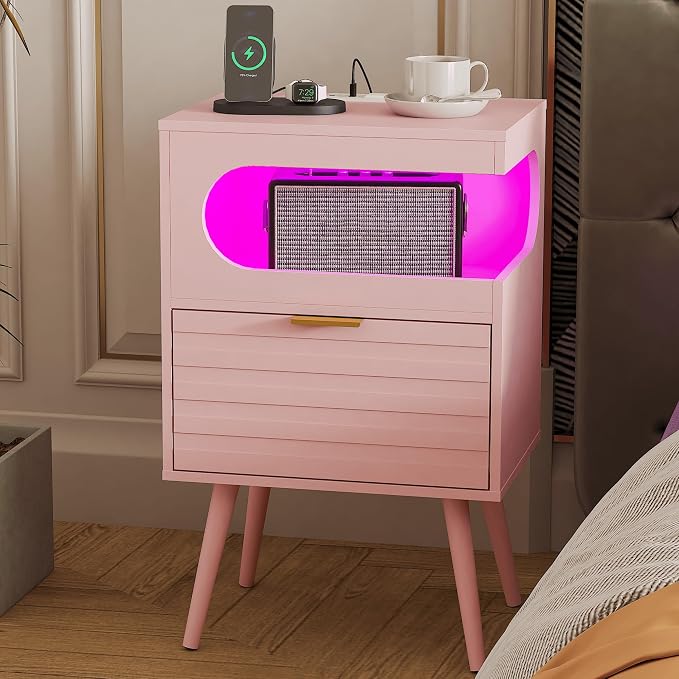 Veegle Nightstand,Modern Bedside Table with Storage Drawer and Open Wood Shelf, Accent Night Stand with Solid Wood Legs for Living Room, Bedroom and Small Spaces,Easy Assembly (Pink-1) - Image 9