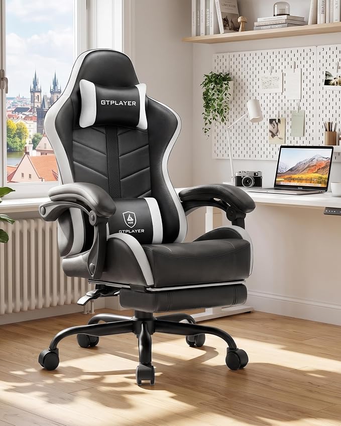 GTPLAYER Gaming Chair, Computer Game Chair for Adults, Pearl White | Ergonomic Comfort Video Game Chair with Footrest 90-155°Recline, Head Lumbar Support & Height Adjustable for Office Gaming - Image 3