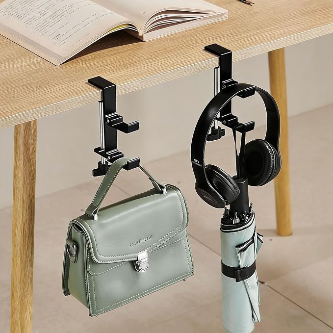 KISOY Modern Table Purse Hook, Under-Desk Accessory Hanger, Black and White Clamp-On Design for Bags, Headphones and Keys (Style3(Black-Double-Hook), 2) by KISOY