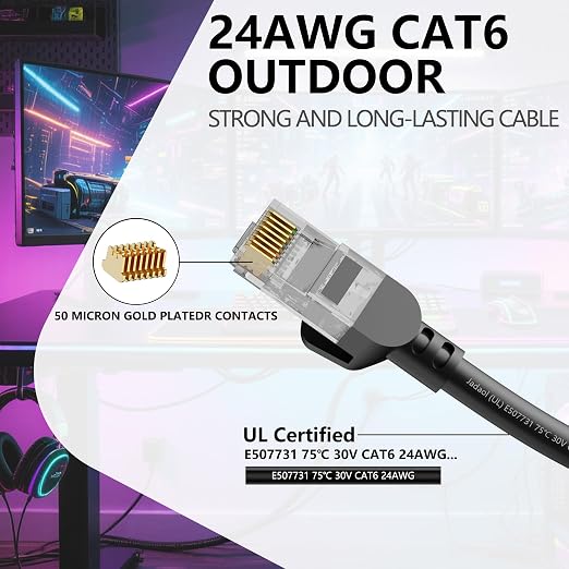 Jadaol [UL Listed Snagless Cat6 Ethernet Cable 10 ft 10Gbps, PoE++, Black - Image 2