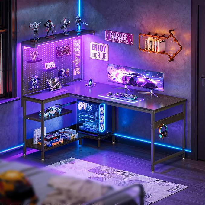 AODK 55" L Shaped Gaming Desk with Pegboard Hutch, LED Lights, Black | Large Pegboard, Power Outlets, USB Ports, Storage Shelves, CPU Stand, Reversible Layout for Gaming Rooms and Bedroom Corners - Image 3