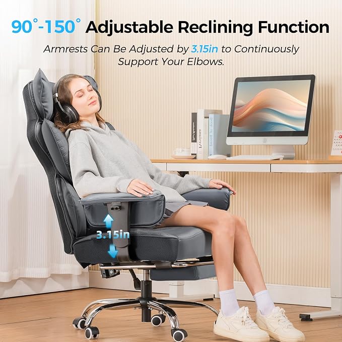 COMHOMA Big and Tall Office Chair Heavy Duty Wide Ergonomic Gaming Chair with Deluxe Embossing Designed Leather with Foot Rest,150°Reclining Adjustable Armrests Pocket Spring Back Support and Pillow - Image 7