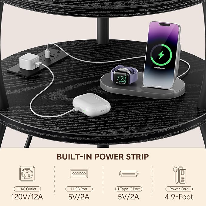 Round Side Table with Charging Station, USB Type C Port, Black - Image 5