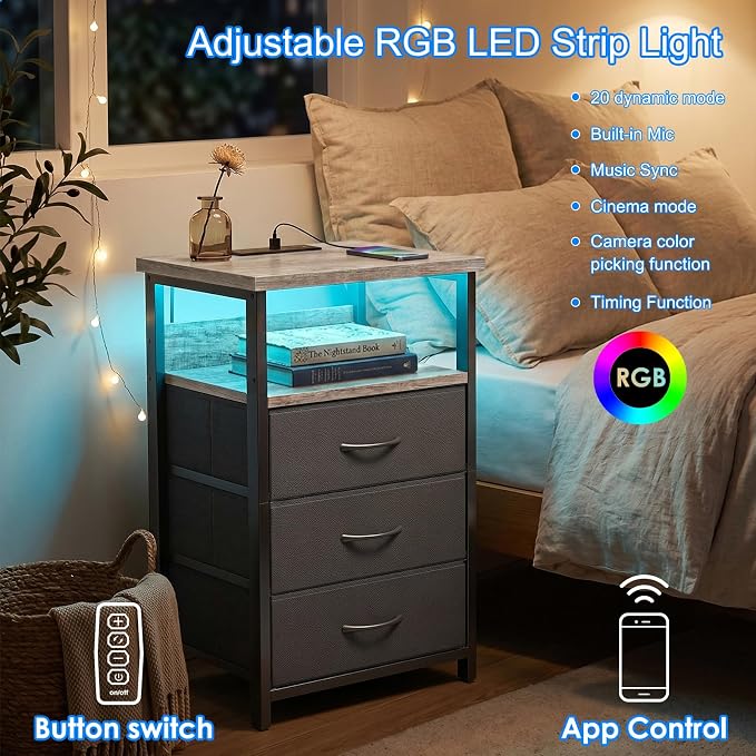 Fixwal Night Stand with 3 Fabric Drawers, Nightstand with Charging Station - Image 4