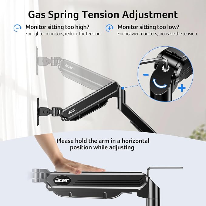 Acer Dual Monitor Arm, Gas Spring VESA Mount Stand for 17-32" Screens | Computer Desk Arm Fully Adjustable VESA 75x75/100x100 with C-Clamp & Grommet Mounting Base, Each Arm Holds 4.4 to 19.8 lbs - Image 4