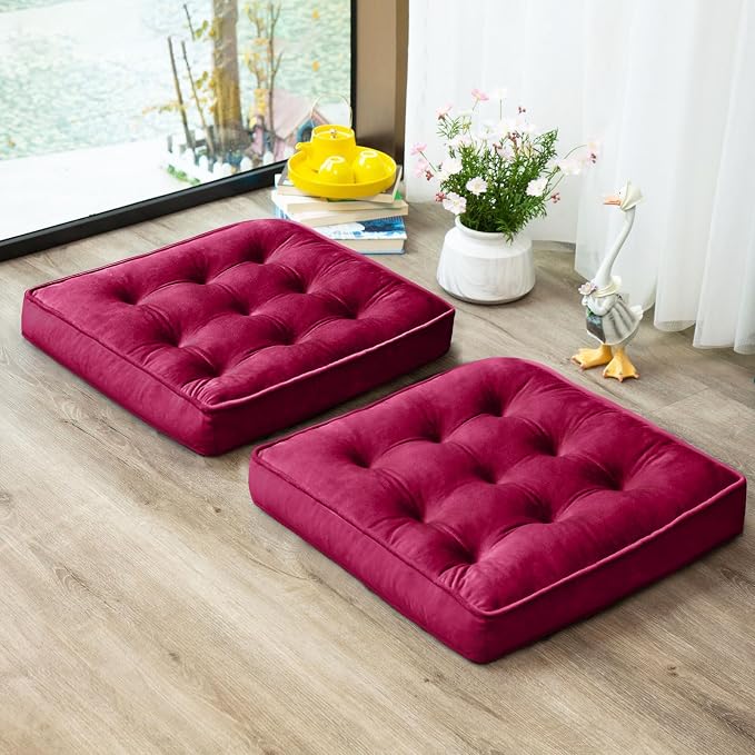 1 MIDDLE ONE Floor Pillow Set of 2, Memory Foam Meditation Cushion, Floor Cushions for Adults Sitting, Large Square Seat Cushions for Yoga, Living Room, 20x20 Inch (Burgundy) by 1MIDDLEONE