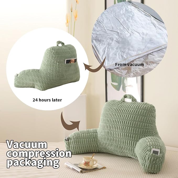 Large Reading Pillow for Sitting Up with Arms,Green Corduroy | Back Pillow for Adults Backrest,19" Sitting Pillow Supports Reading,Gaming & Relaxing in Bed,Couch,Floor - Image 4