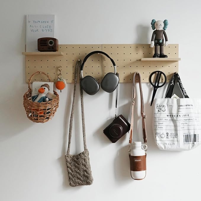 Wooden Pegboard Modular Display Organization Storage Wall Hooks Shelf (Birch Colored Finish-A) - Image 2