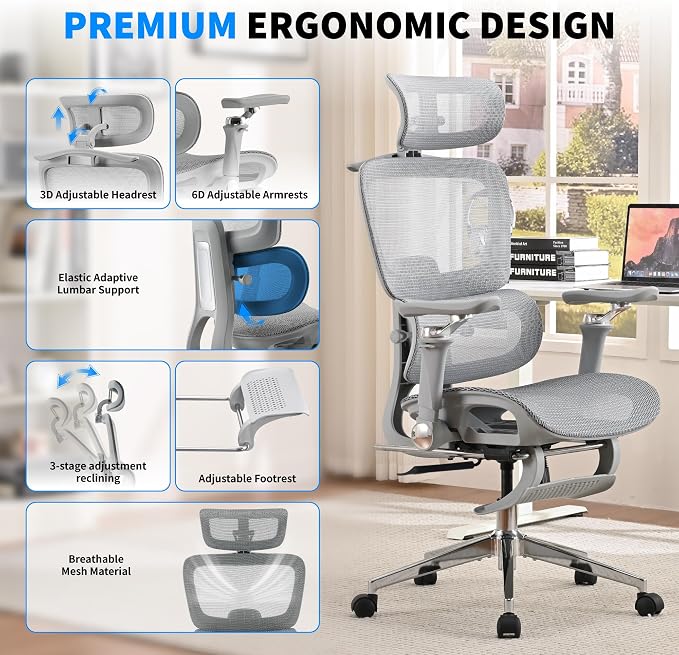 Mesh Ergonomic Office Chair with Footrest, Grey | 6D Armrests High Back Mesh Gaming Chair with Lumbar Support,Adjustable 3D Headrest for Home Office Desk Chair - Image 3