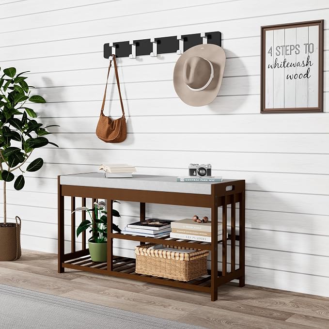 Bamboo Shoe Storage Bench with Cushioned Seat 3-Tier Entryway Shoe Rack - Image 4