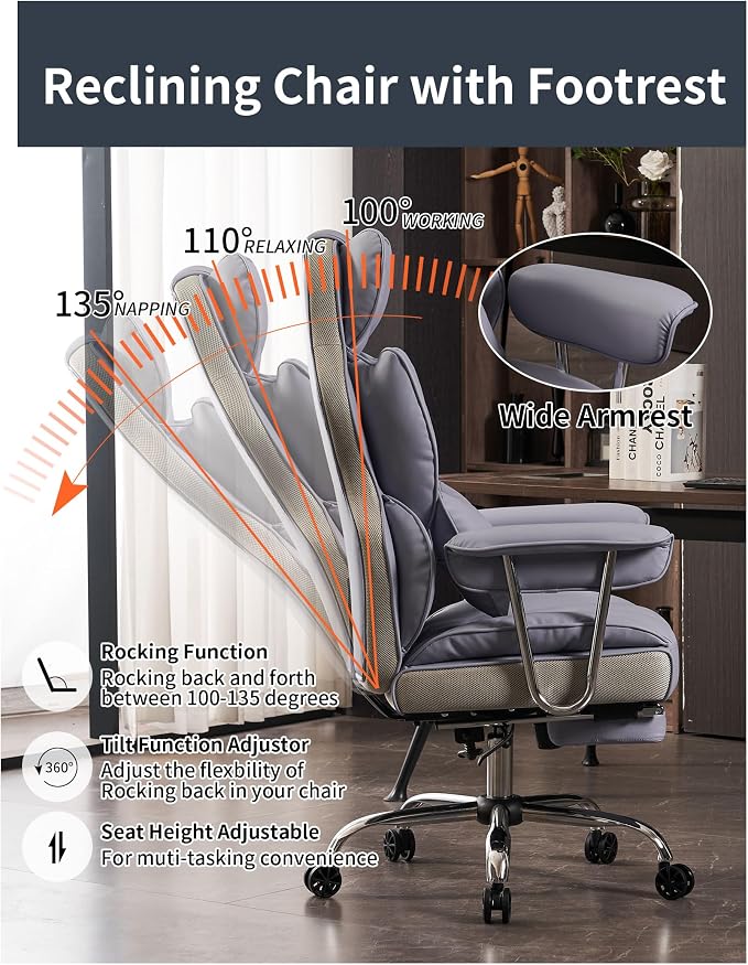 Efomao Big and Tall Office Chair 440LBS, Purple Heavy Duty Executive Chair with Footrest, Ergonomic Desk Chair for Home Office, Wide Computer Chair | 400lbs support, 135° recline, dual-layer foam cushion, 23.5" seat & footrest. BIFMA - Image 5