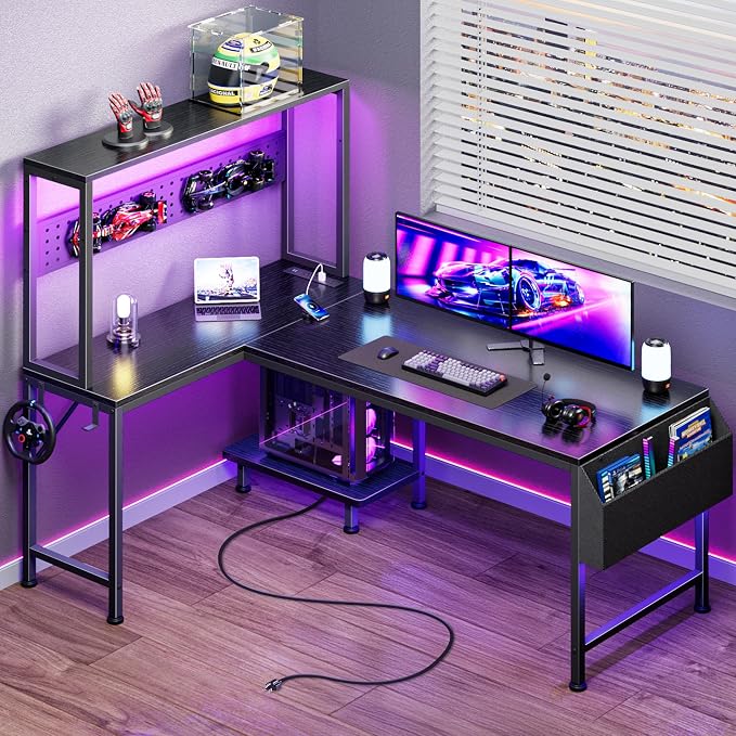 PRAISUN L Shaped Gaming Desk with LED Lights & Power Outlets | Reversible Computer Desk with Storage Shelves & Bag, Large Corner Home Office Desk with Pegboard for Work from Home, Black by PRAISUN
