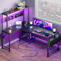 PRAISUN L Shaped Gaming Desk with LED Lights & Power Outlets | Reversible Computer Desk with Storage Shelves & Bag, Large Corner Home Office Desk with Pegboard for Work from Home, Black by PRAISUN
