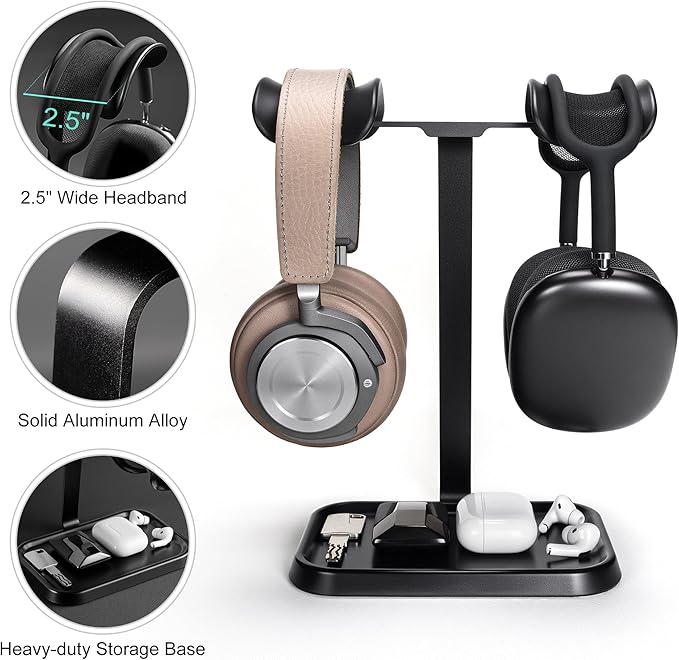 Dual Headphone Stand, Double Balanced Headset Stand with Storage Tray, Heavy Base Gaming Headset Holder for Desk (Black) - Image 4