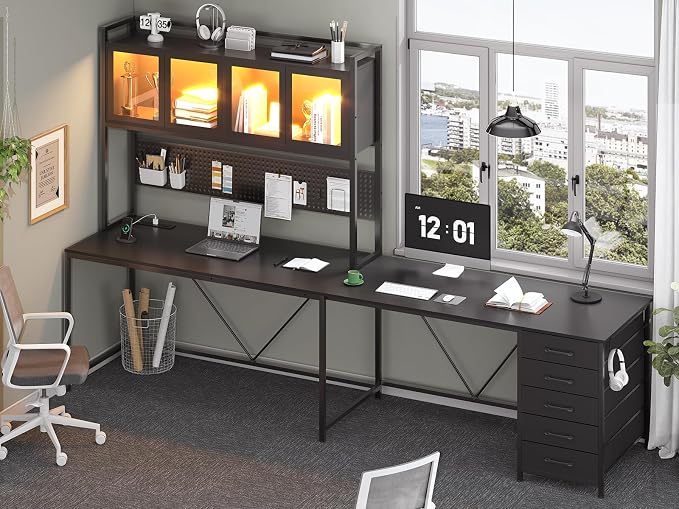 SEDETA L Shaped Gaming Corner Desk with Drawers, Hutch and Storage Shelves | Reversible Computer Desk, Gaming Desk with Pegboard, Led Lights, and Power Outlet for Home Office, Small Space, Black - Image 9