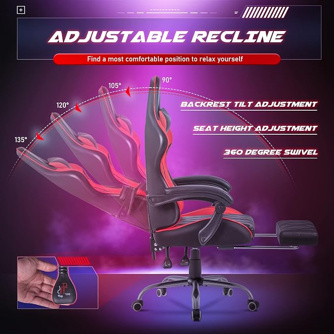 Homall Gaming Chair, Computer Chair with Footrest and Massage Lumbar Support, Ergonomic High Back Video Game Chair with Swivel Seat and Headrest (Red) - Image 6