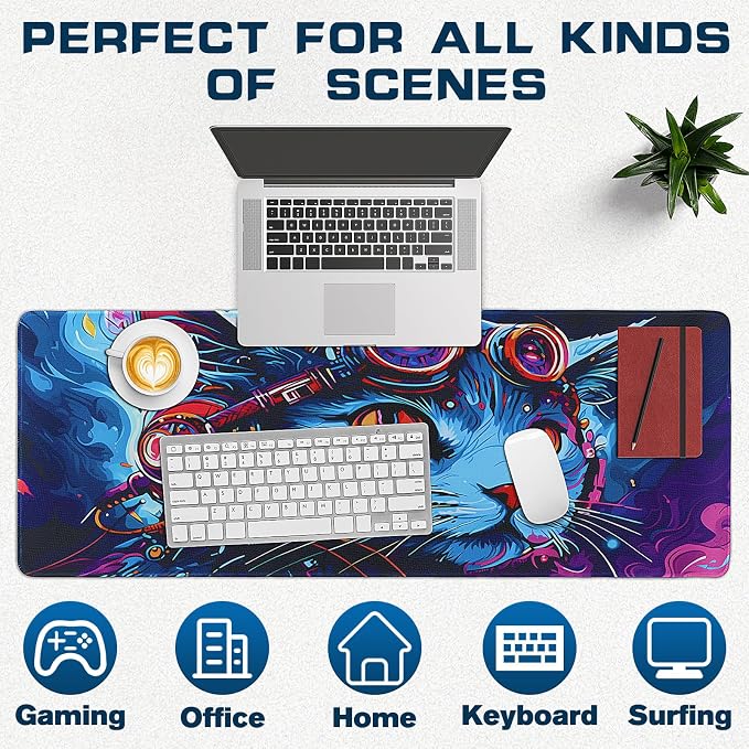 Mouse Pad Gaming - Desk Mat for Keyboard and Mouse - Cool Cat Head Large Mouse Pads for Desk, Gaming Mousepad with Non-Slip Base, Desks Pad (31.5" X 11.8") for Game, Office and Home - Image 6