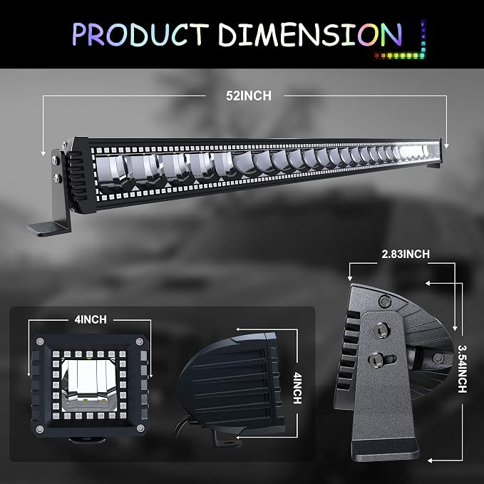RGB 52" LED Light Bar 2X 4 Flood Fog Pods for Wrangler JK 2007-2018 - Image 3