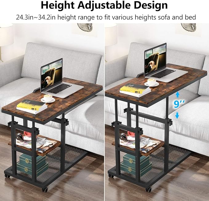 Tribesigns Height Adjustable C Table with Wheels, Mobile Couch Snack Side Table with Tiltable Drawing Board, Sofa Bedside Laptop Stand C Shaped TV Tray with Storage Shelves (Brown) - Image 7