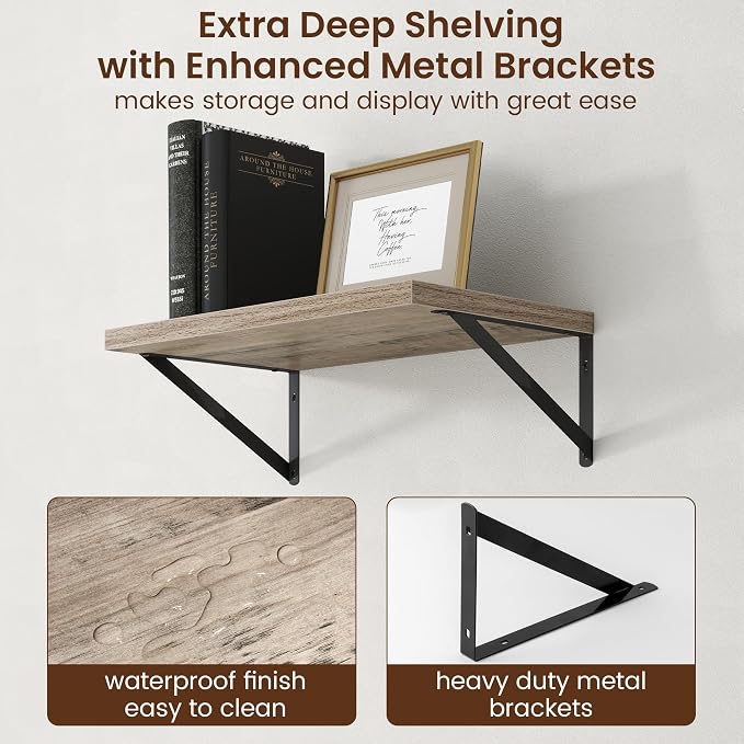 Axeman Deep Floating Shelves - 20 Inch Floating Shelves Set of 2-12 Inch Deep Grey Wall Shelves for Living Room Bathroom Kitchen - Image 5