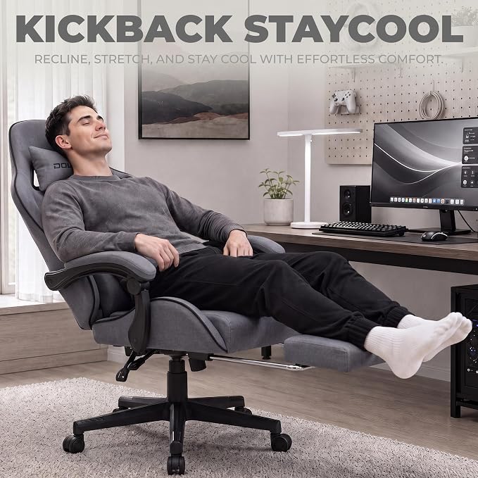 Dowinx Gaming Chair Fabric with Pocket Spring Cushion, Massage Game Chair Cloth with Headrest, Ergonomic Computer Chair with Footrest 290LBS, Grey - Image 4