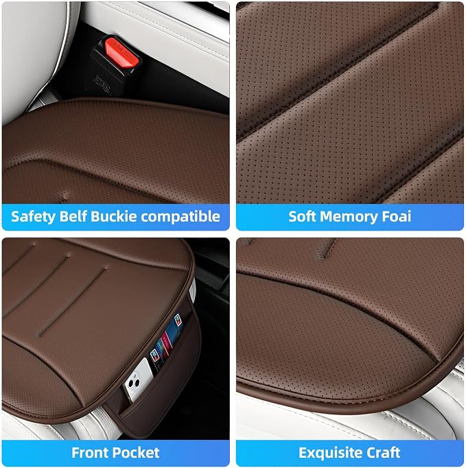KAYI Car Seat Cushion, Comfort Memory Foam Car Cushions for Driving, Breathable Leather Surface with Anti Slip Rubber Bottom, Seat Cushion for Car and Office Chair (2 Pack, Brown) - Image 5