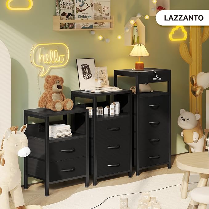 Lazzanto Night Stand with Charger Station, 3 Fabric Drawers, Black - Image 8
