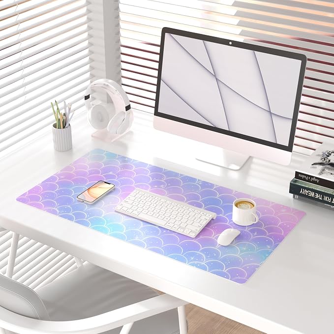 QiyI PU Leather Large Mouse Pad, Office Decor, 31.5" x 15.7", Mermaid Scale | Desk Décor Accessories, Extended Size, Waterproof & Easy to Clean, Smooth Surface, Non Slip Desk Organization - Image 2